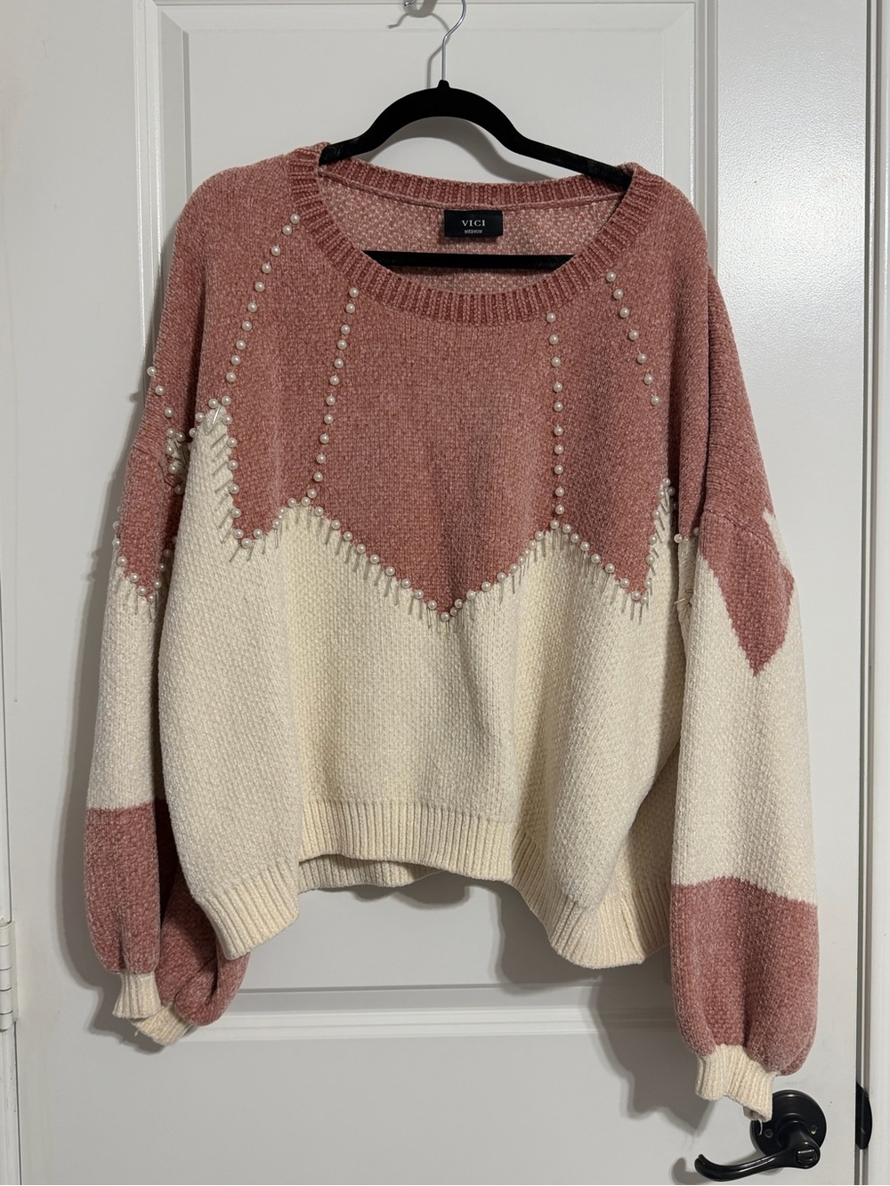 VICI Pink & Cream Pearl-Trim Chevron Sweater